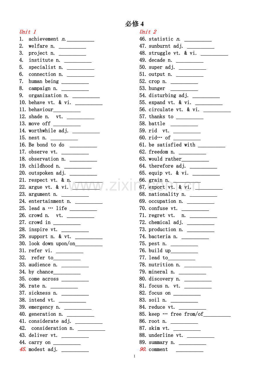 人教版高中英语必修4单词默写(英汉互译).doc_第1页