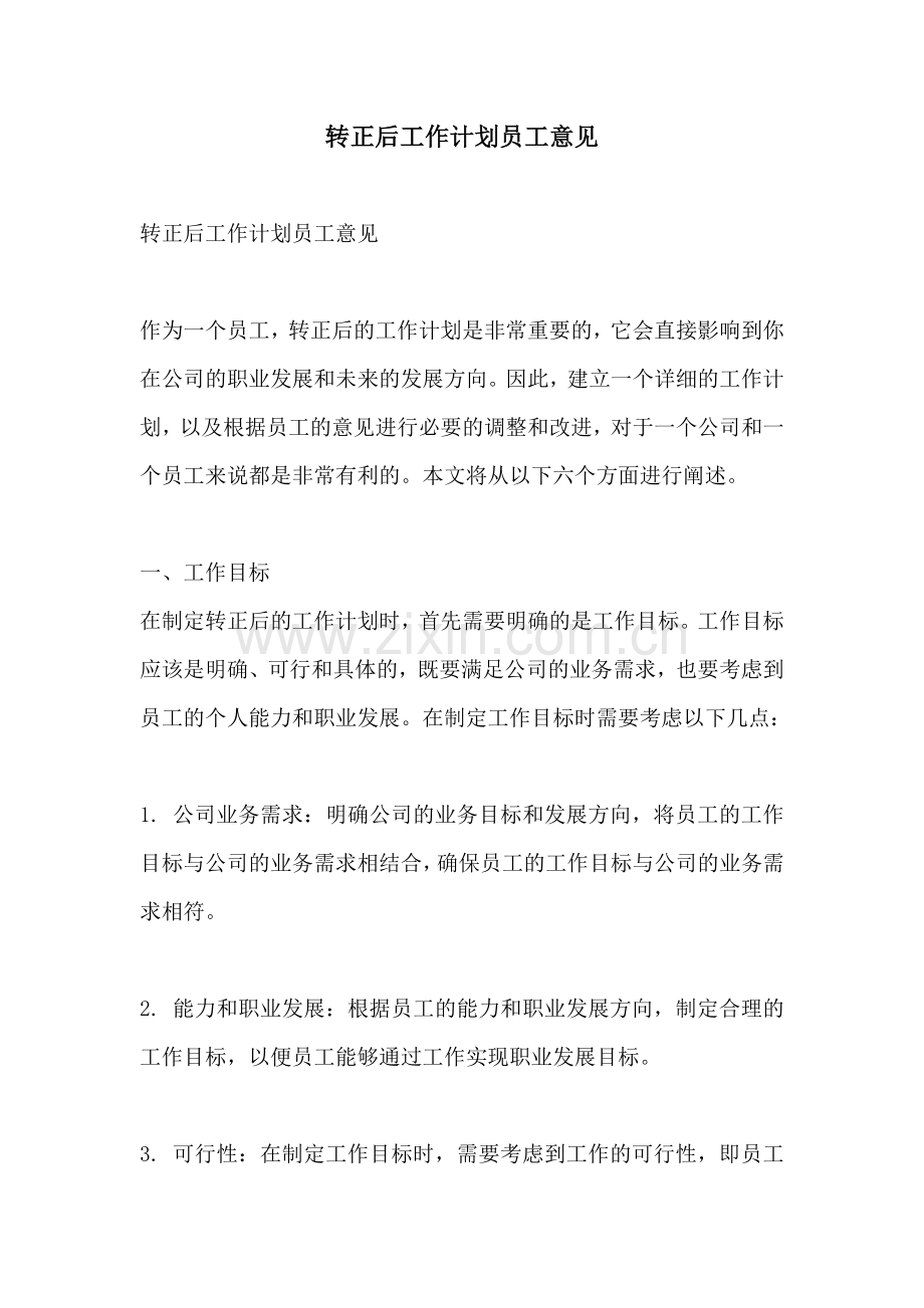 转正后工作计划员工意见.docx_第1页