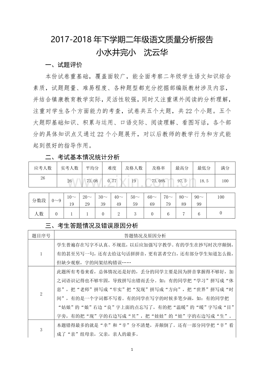 二年级语文下册期末检测质量分析报告.doc_第1页