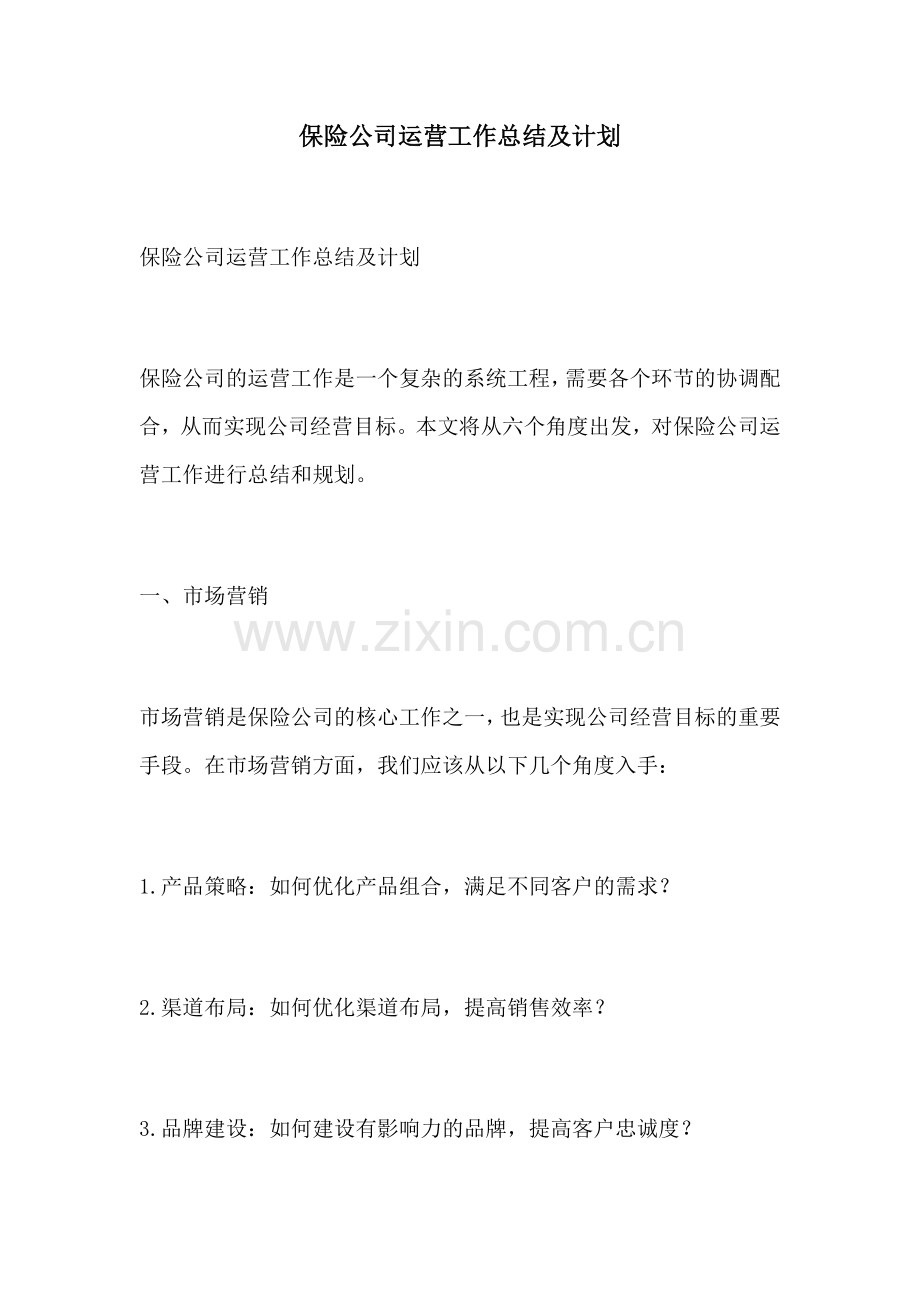 保险公司运营工作总结及计划.docx_第1页