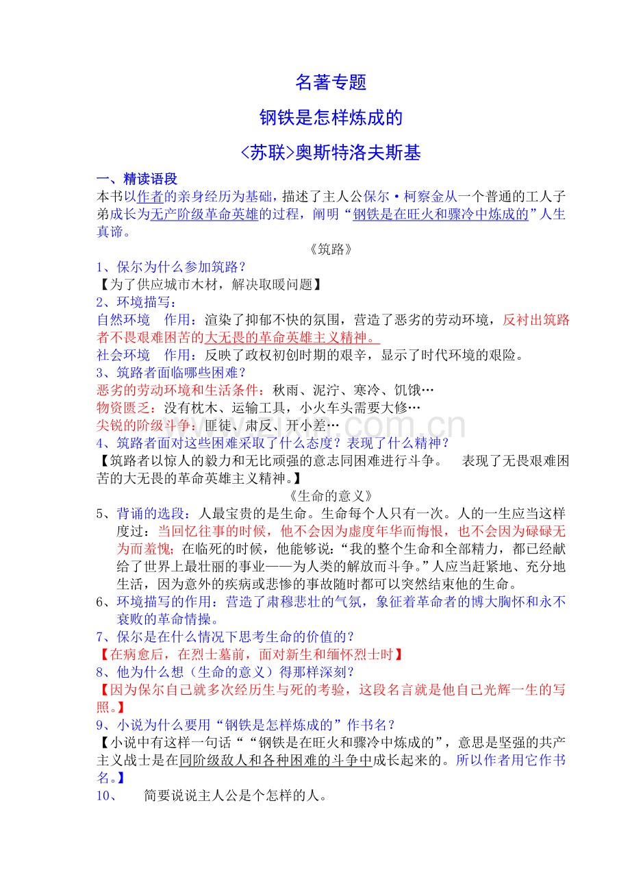 《钢铁是怎样炼成的》复习资料.doc_第1页