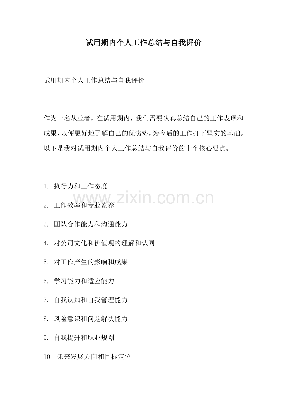 试用期内个人工作总结与自我评价.docx_第1页