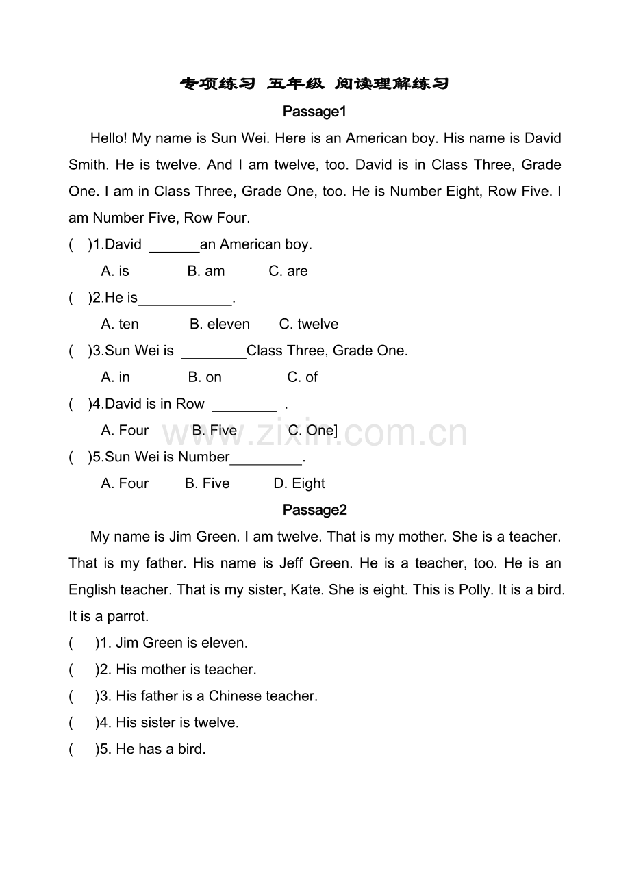 小学英语五年级阅读理解练习题----含答案.doc_第1页