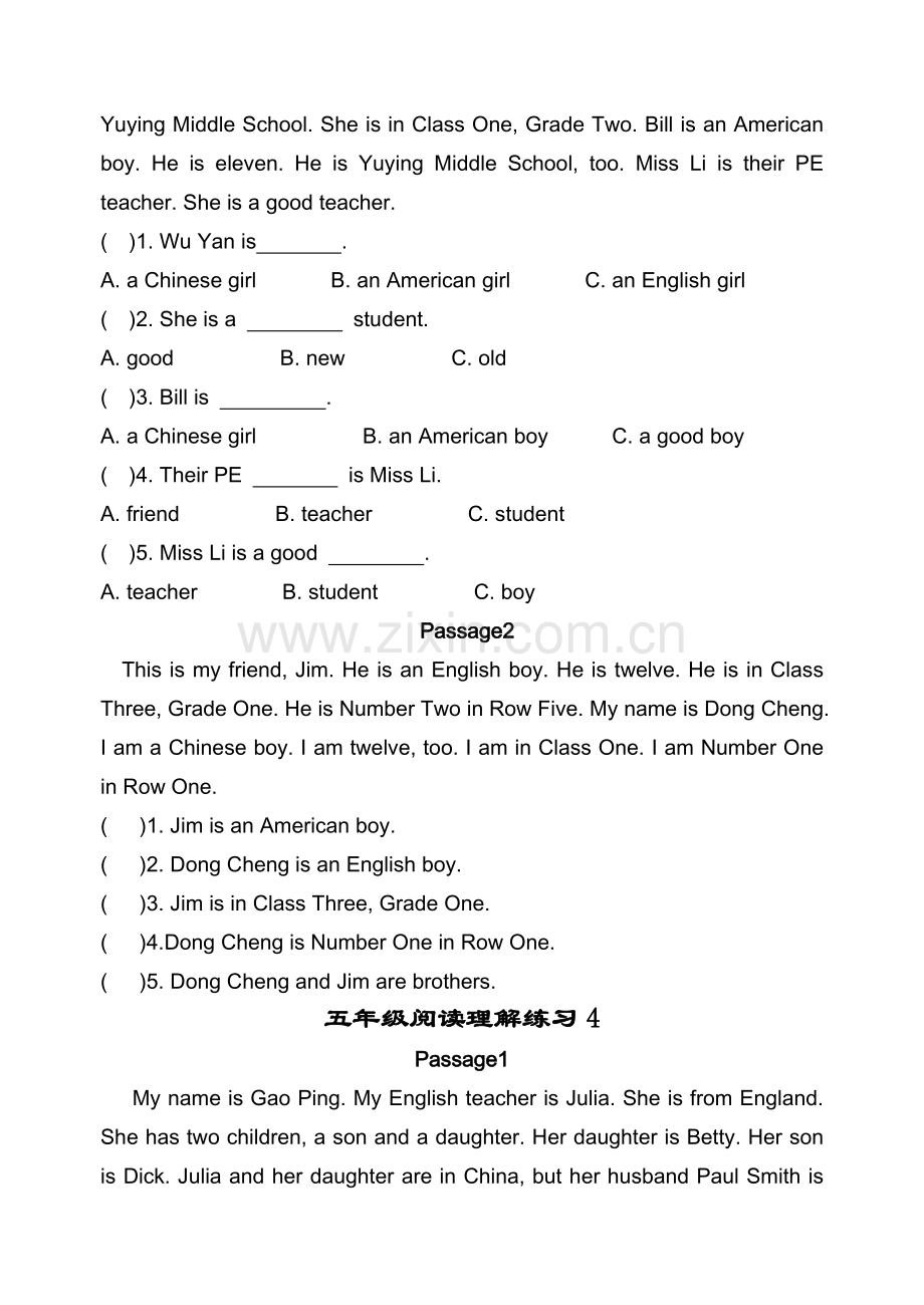 小学英语五年级阅读理解练习题----含答案.doc_第3页