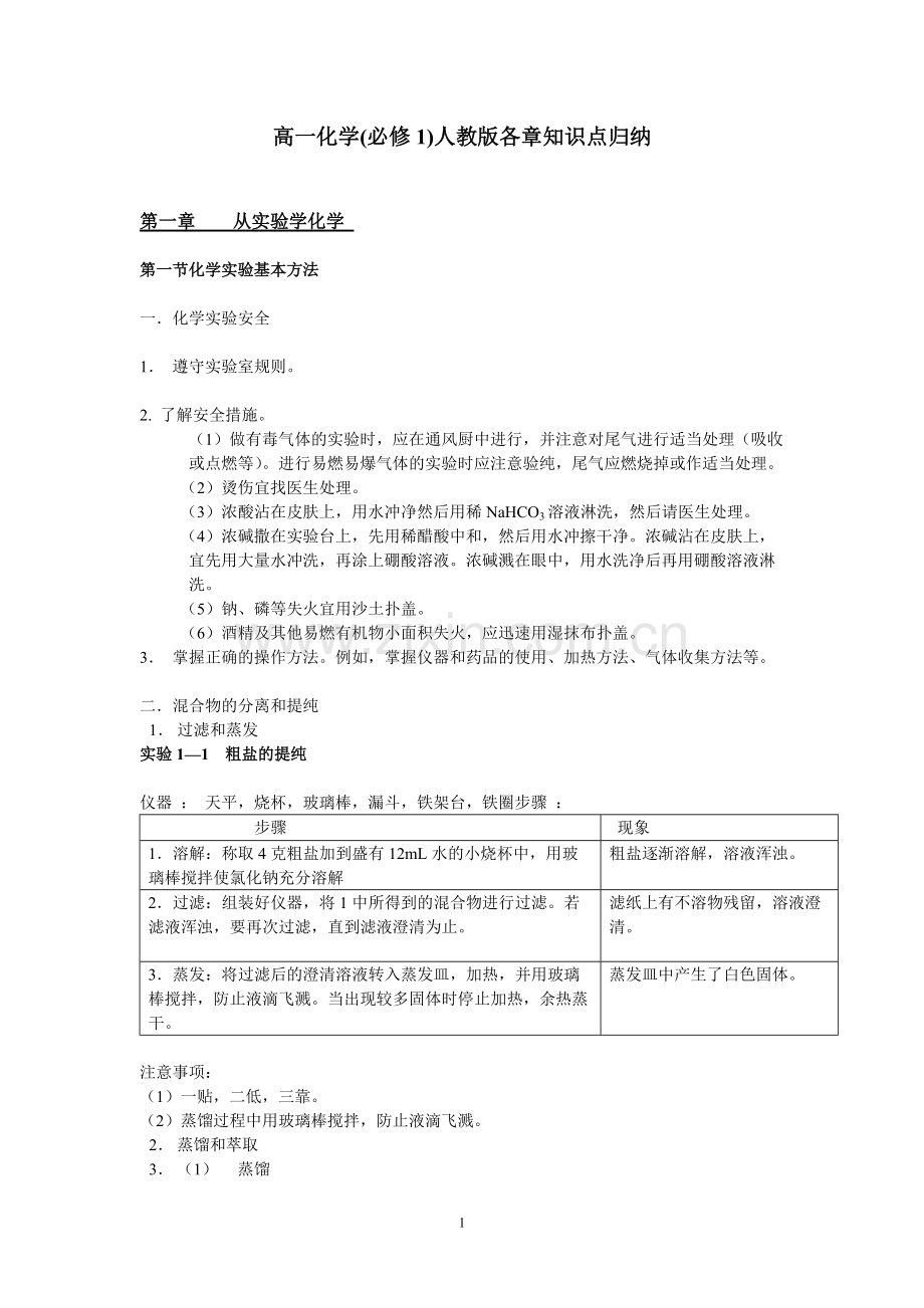 人教版高一化学(必修1)人教版各章知识点归纳.pdf_第1页