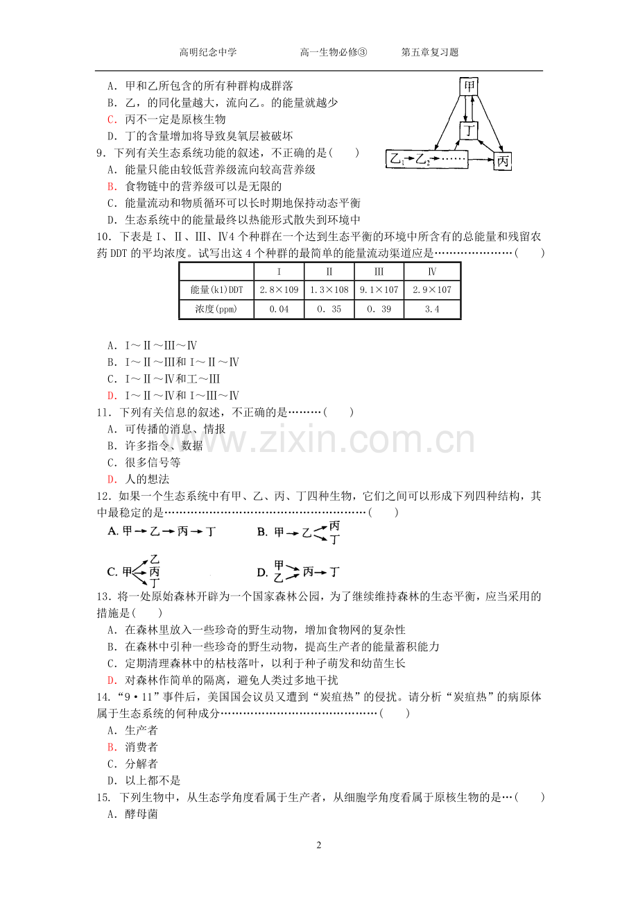 第五章生态系统及其稳定性单元复习题.doc_第2页