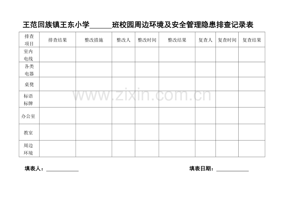 王范回族镇王东小学班卫生安全管理隐患排查记录表.doc_第1页