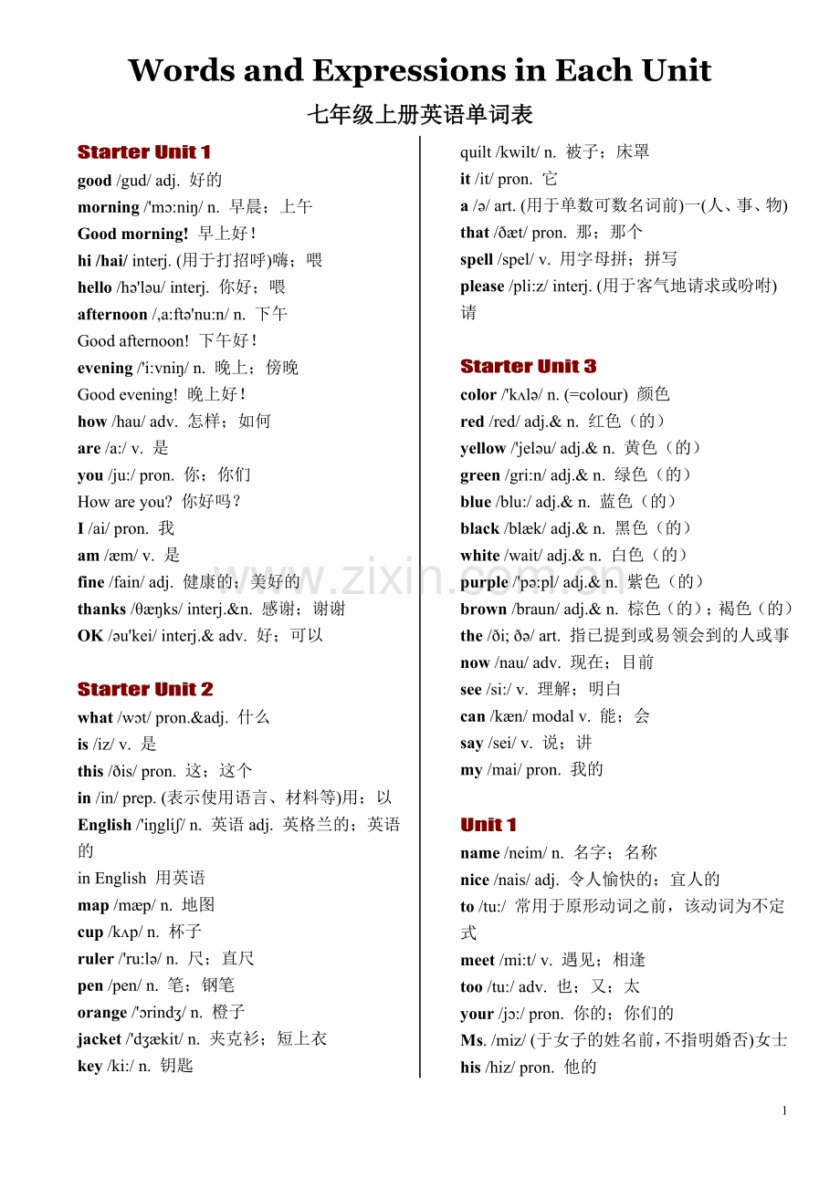 人教版七年级英语上下册各单元单词表(含音标).doc_第1页