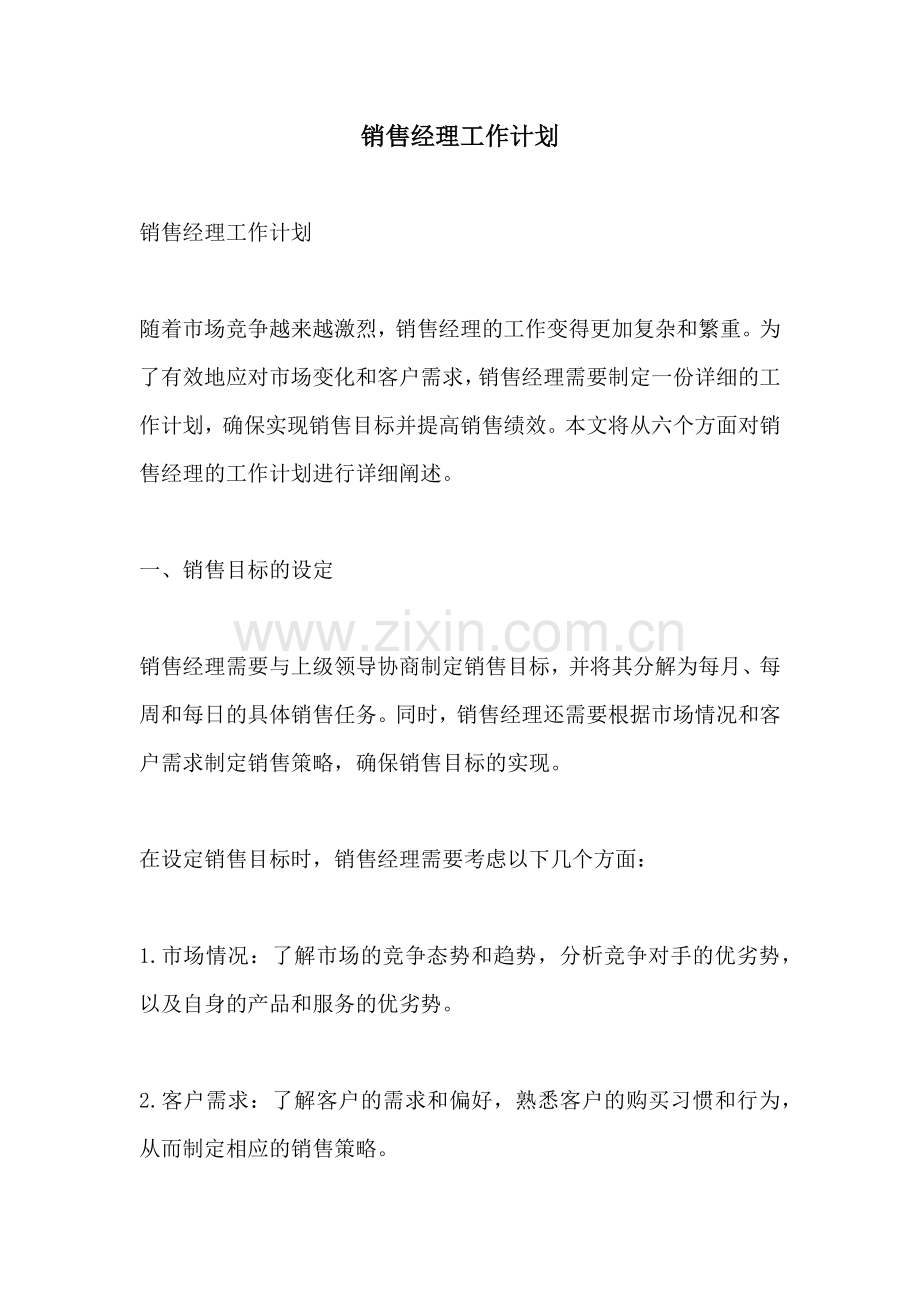 销售经理工作计划.docx_第1页