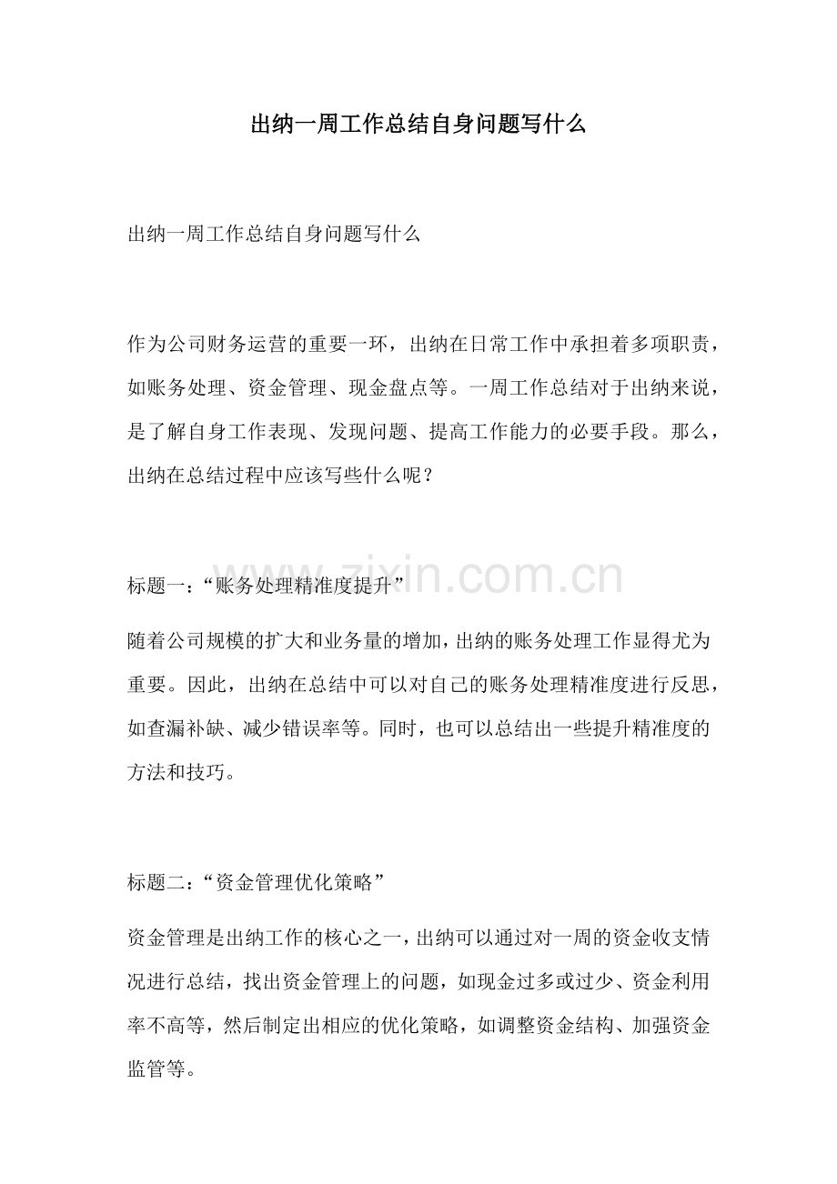 出纳一周工作总结自身问题写什么.docx_第1页