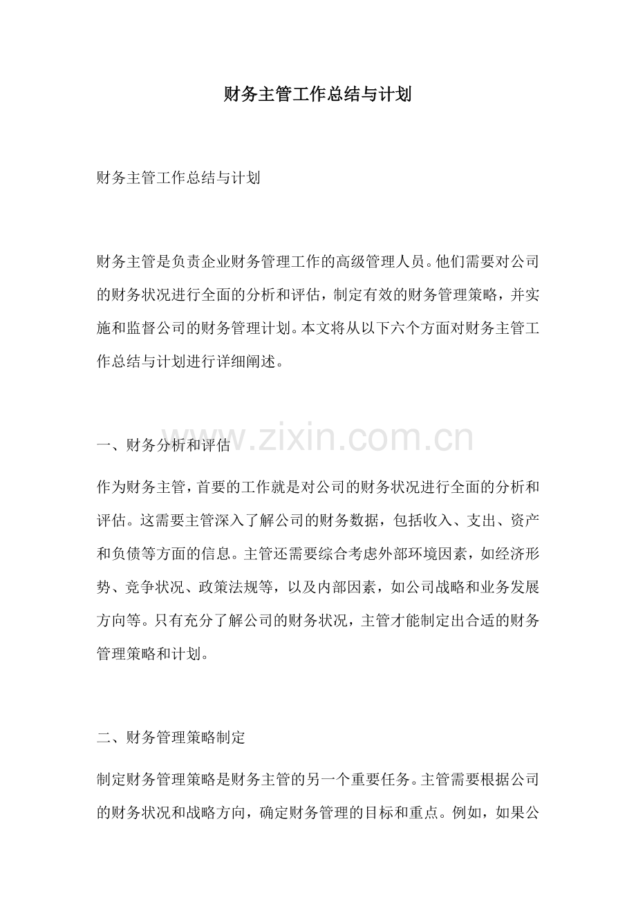 财务主管工作总结与计划.docx_第1页