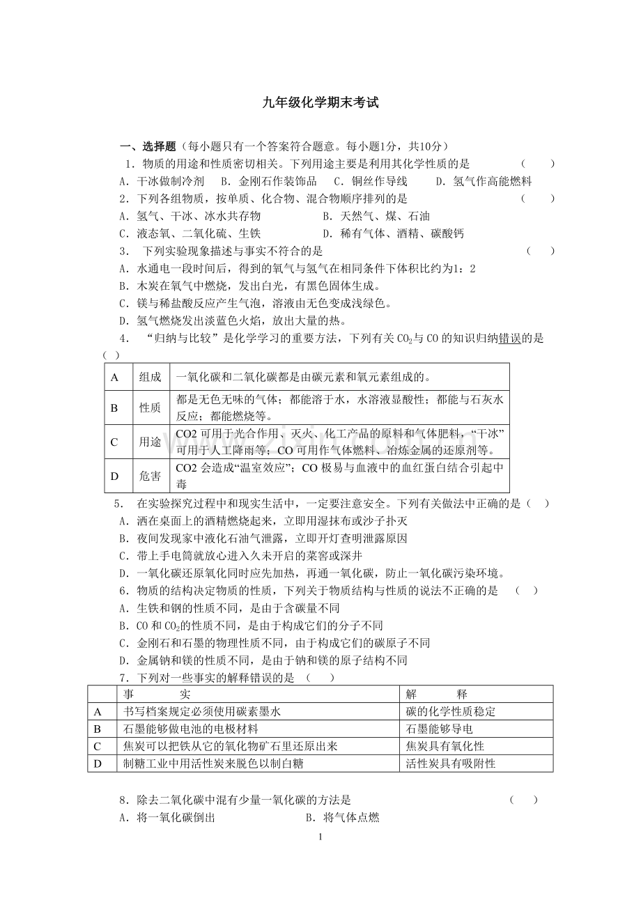 初三化学上册期末总复习卷二.doc_第1页