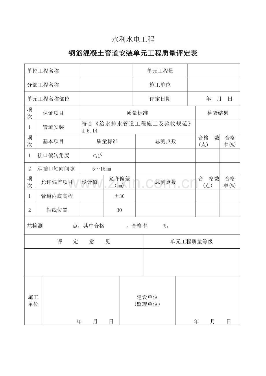 钢筋混凝土管道安装单元工程质量评定表.doc_第1页