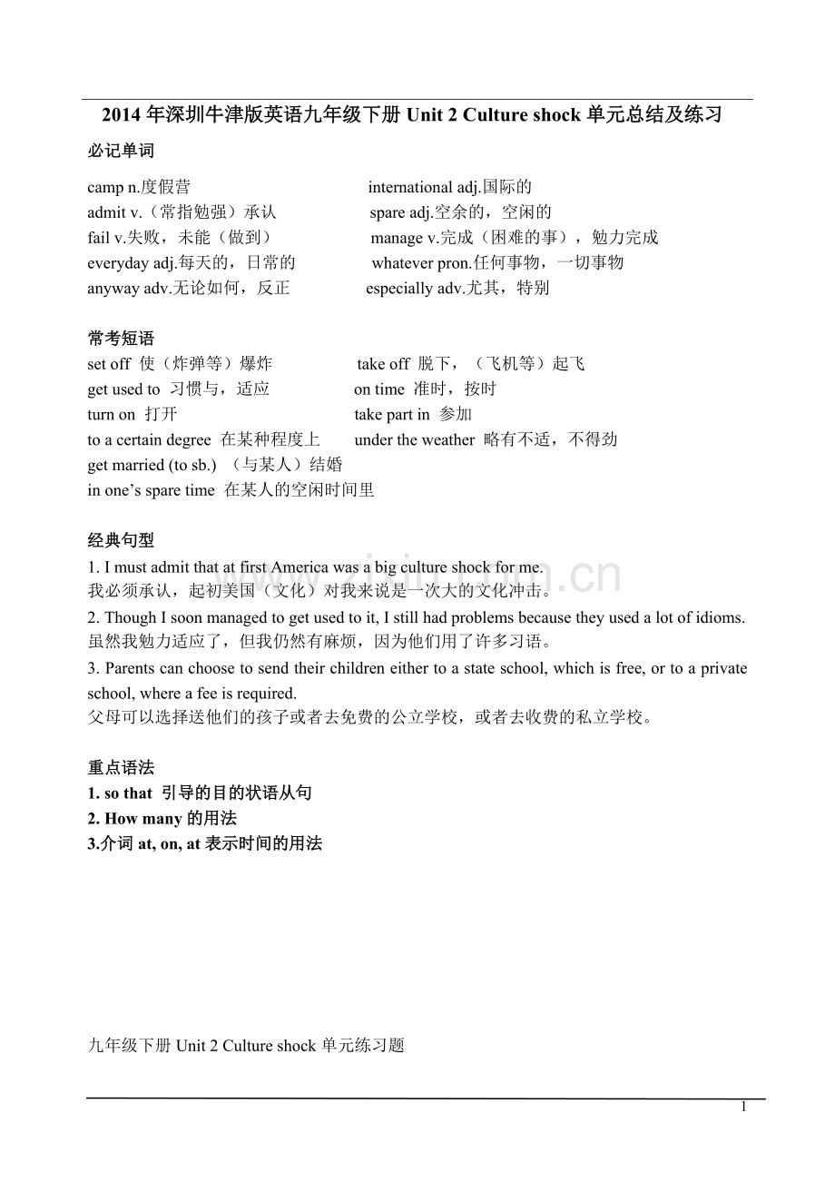 2014年深圳牛津版英语九年级下册Unit-2-Culture-shock单元总结及练习-共4页.pdf_第1页