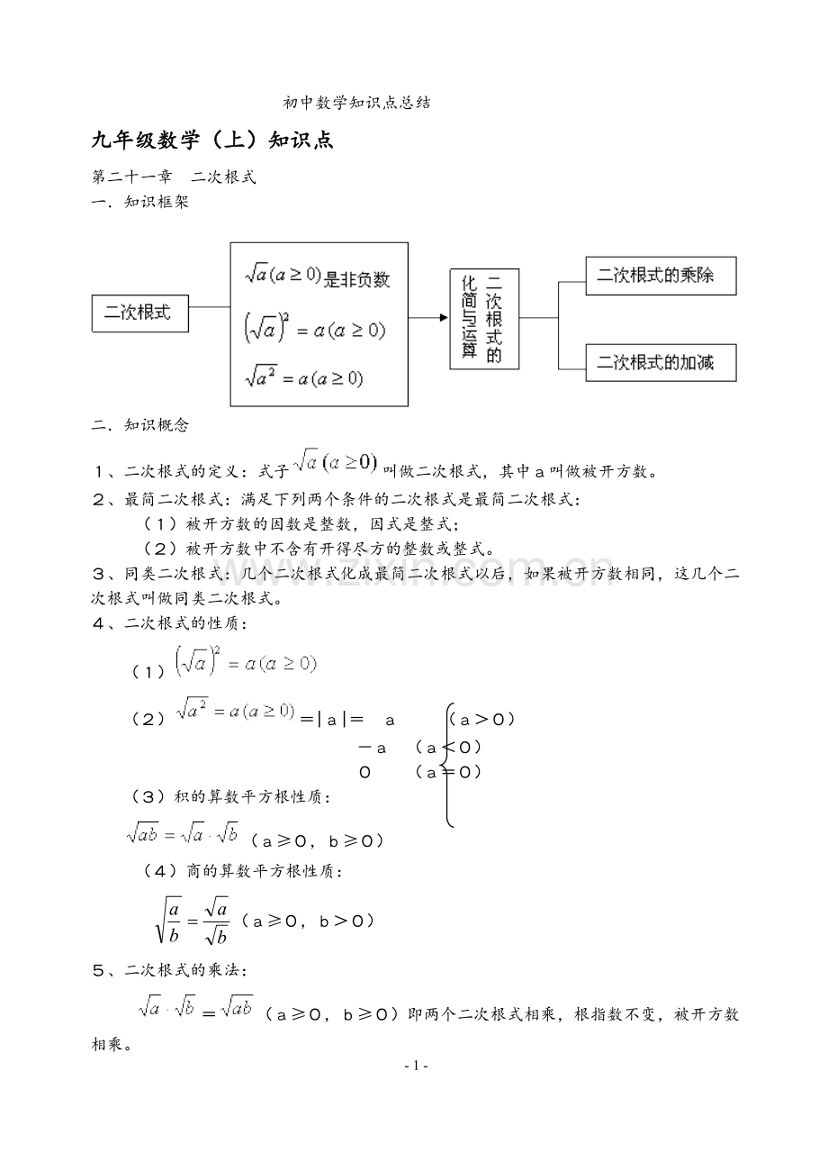 初中数学七、八、九年级知识点及公式总结大全(人教版).pdf_第1页