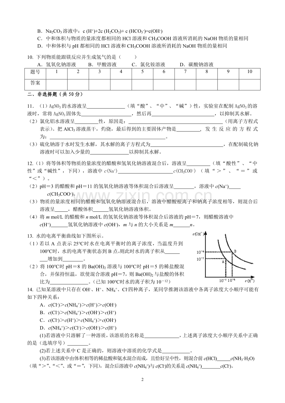 人教版高中化学选修4第三章测试题(经典含解析).doc_第2页