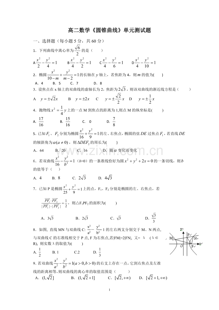 高二数学《圆锥曲线》单元测试题及答案.doc_第1页