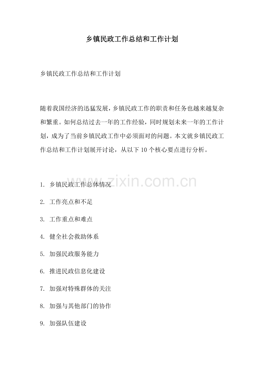 乡镇民政工作总结和工作计划.docx_第1页