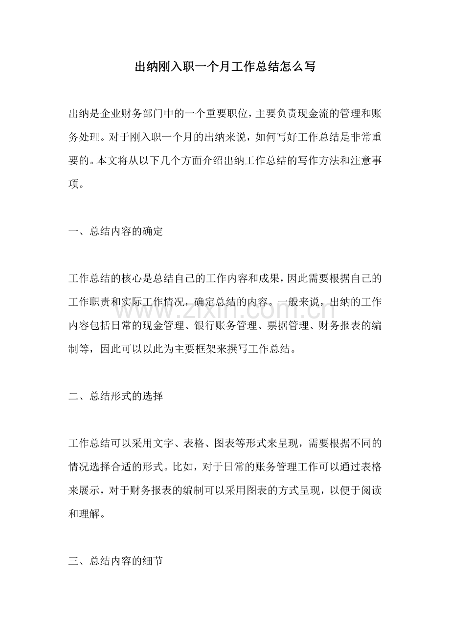 出纳刚入职一个月工作总结怎么写.pdf_第1页