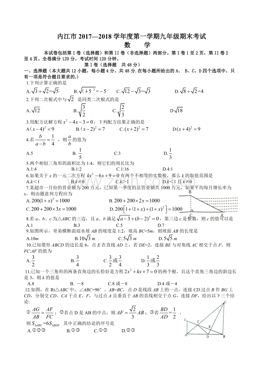 内江市2017-2018年度第一学期九年级数学期末考试.pdf_第1页