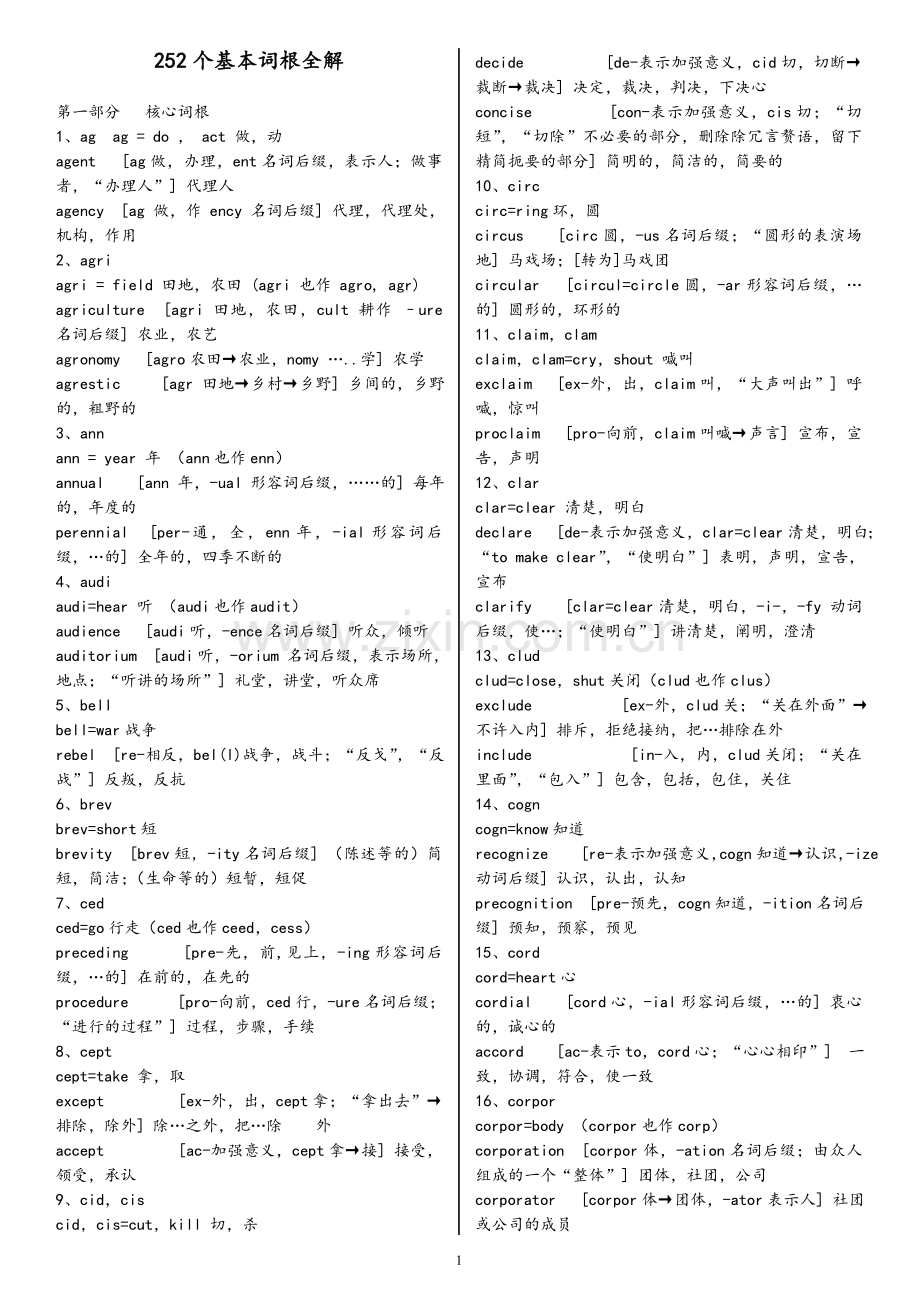 252个英语基本词根全解打印版.doc_第1页