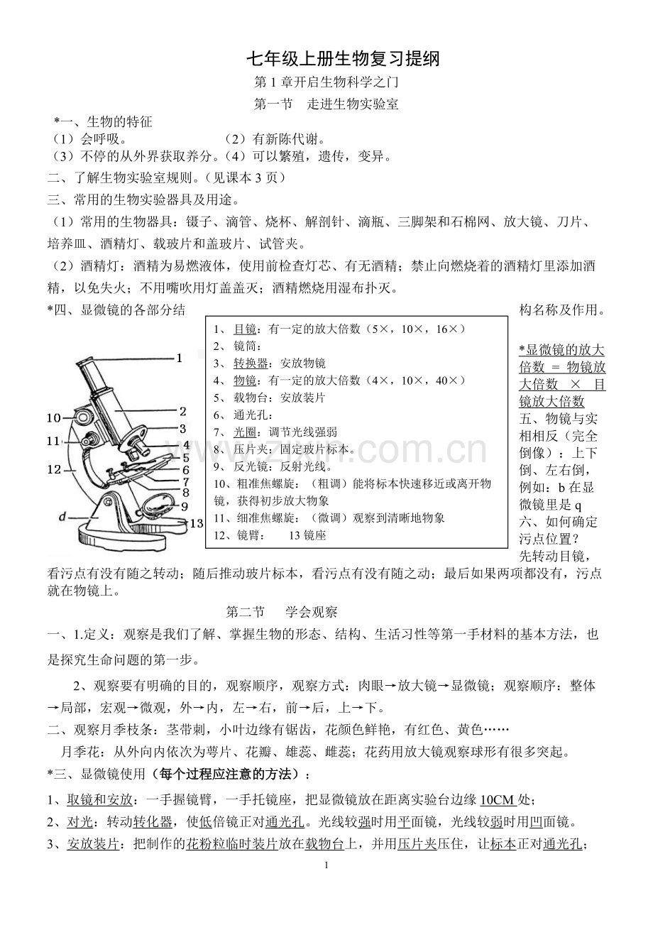 冀教版七年级上册生物复习提纲.pdf_第1页