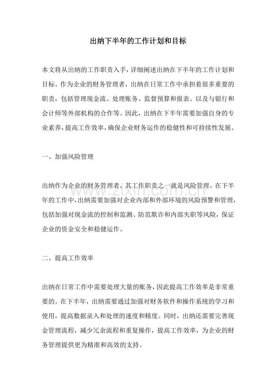 出纳下半年的工作计划和目标.docx_第1页