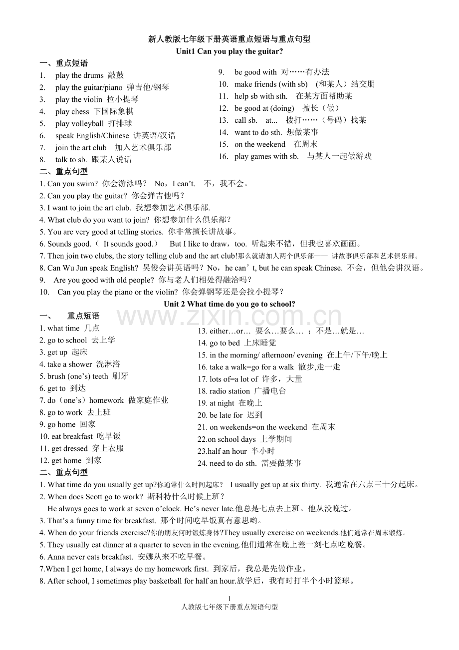 人教版七年级下册英语重点短语与句型Unit1-12(2).doc_第1页