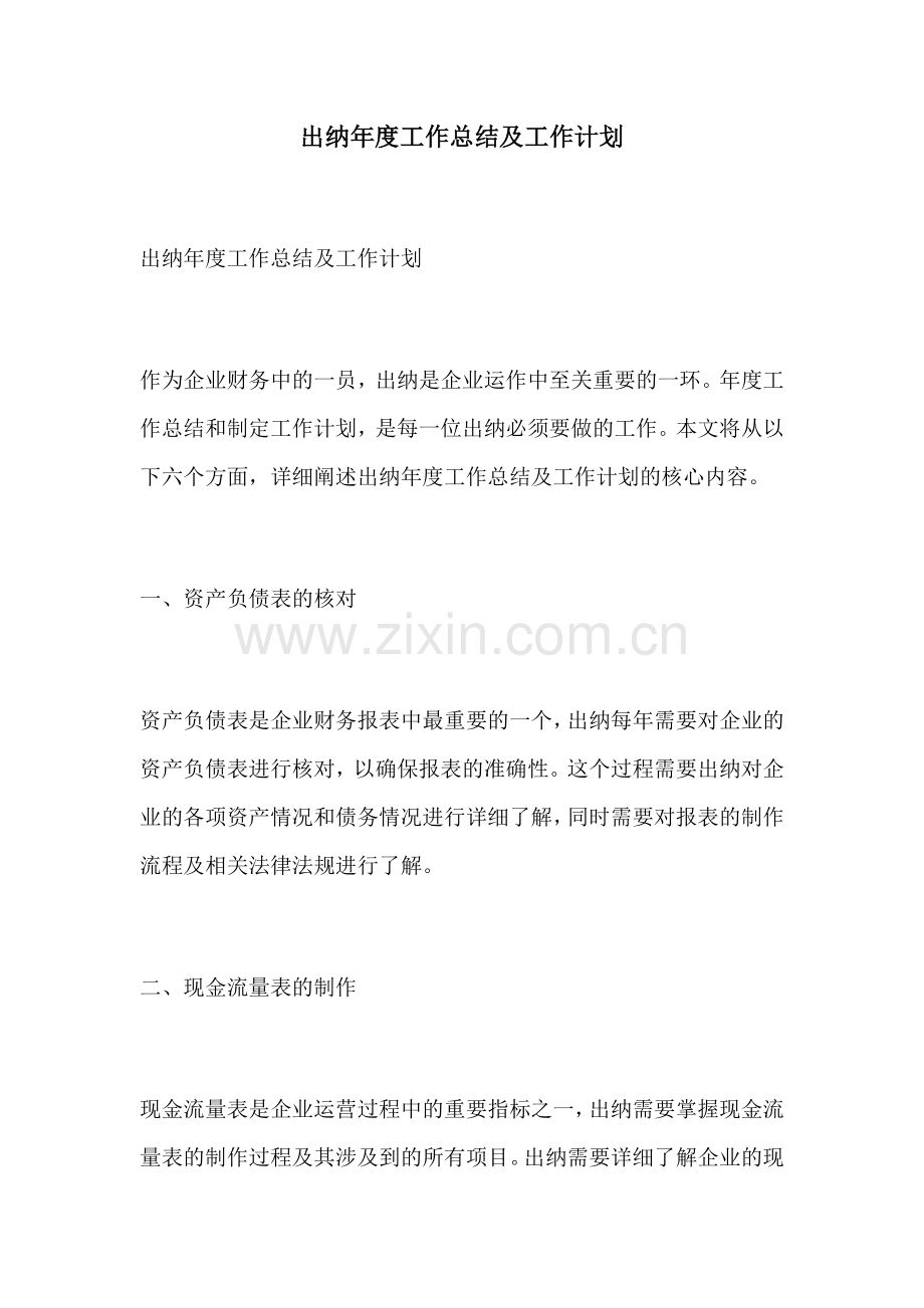 出纳年度工作总结及工作计划.docx_第1页