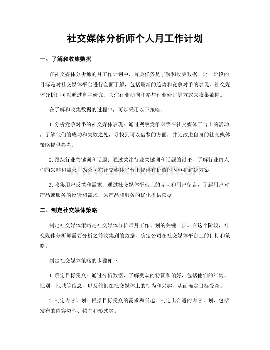 社交媒体分析师个人月工作计划.docx_第1页