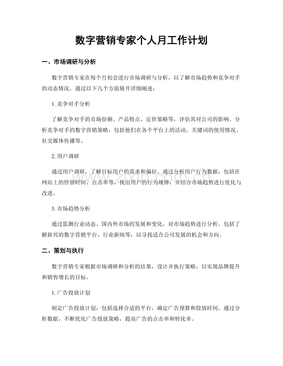 数字营销专家个人月工作计划.docx_第1页