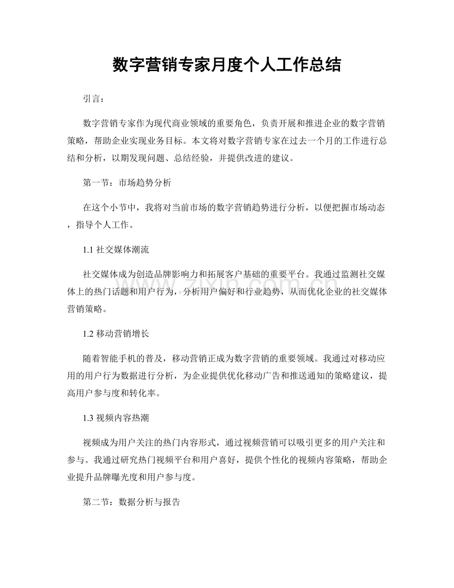 数字营销专家月度个人工作总结.docx_第1页