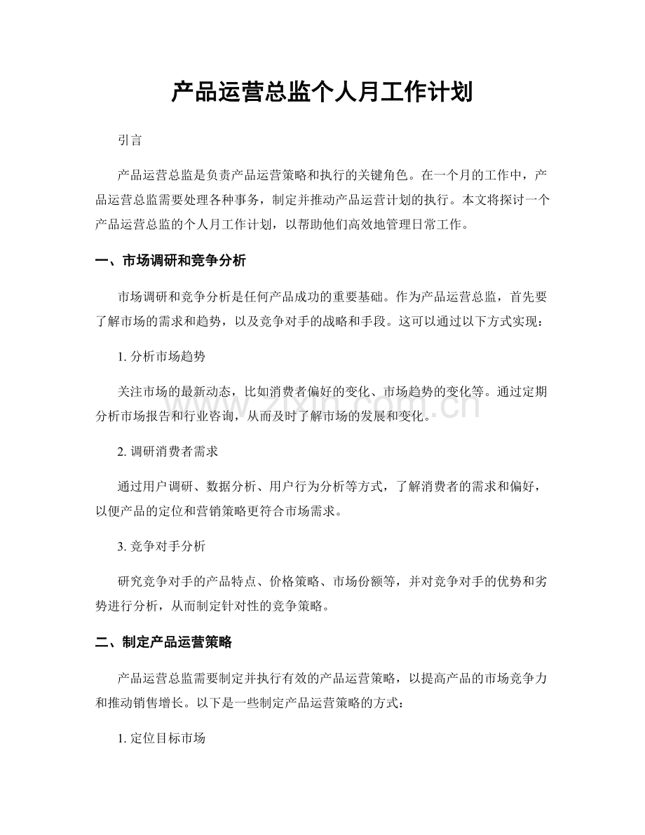 产品运营总监个人月工作计划.docx_第1页