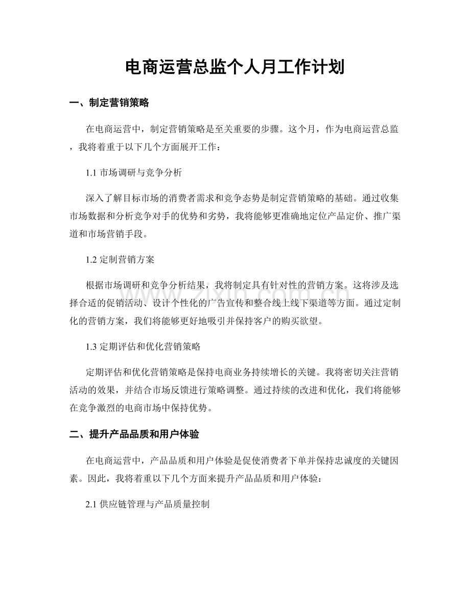 电商运营总监个人月工作计划.docx_第1页