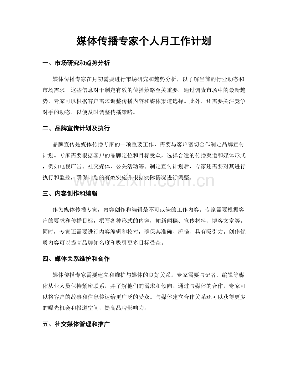 媒体传播专家个人月工作计划.docx_第1页