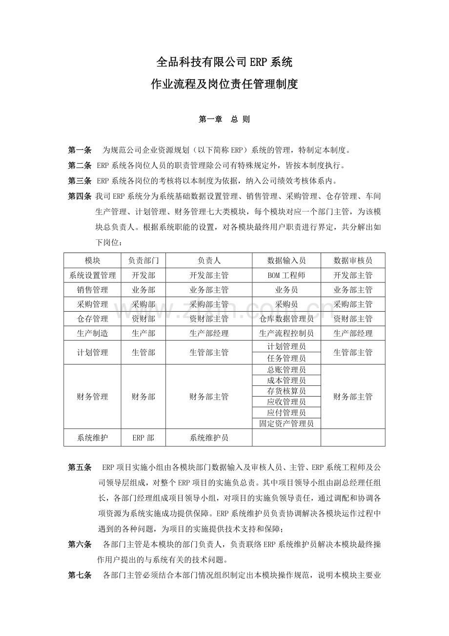 ERP系统操作流程及岗位责任管理制度.doc_第1页