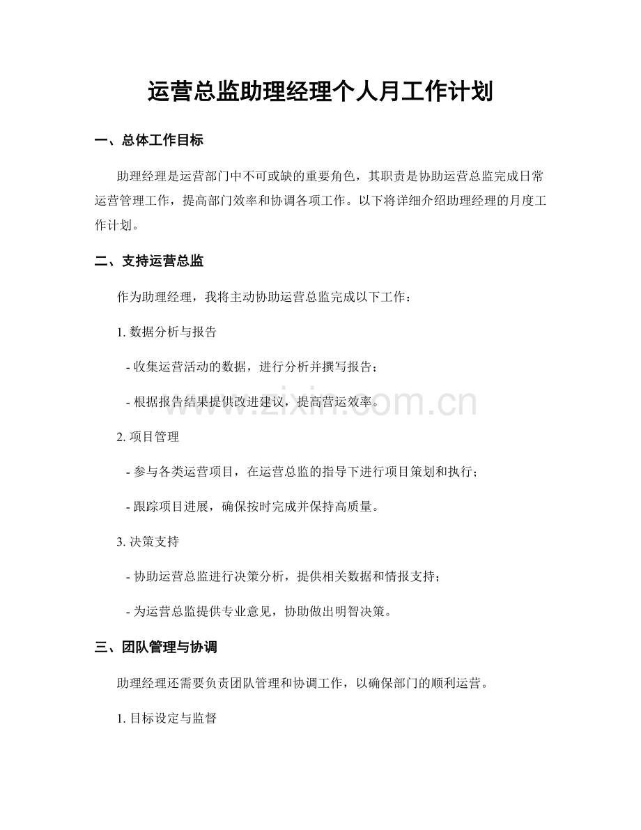 运营总监助理经理个人月工作计划.docx_第1页