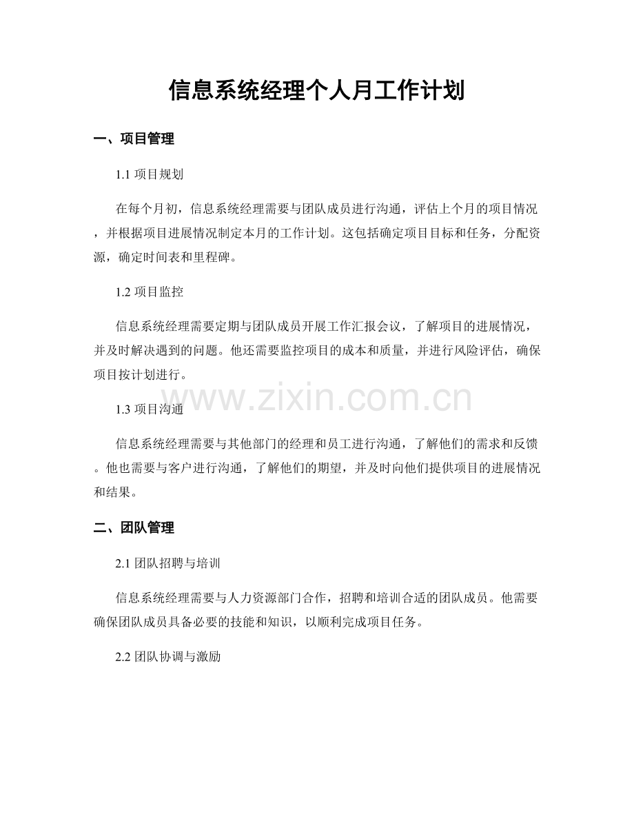 信息系统经理个人月工作计划.docx_第1页