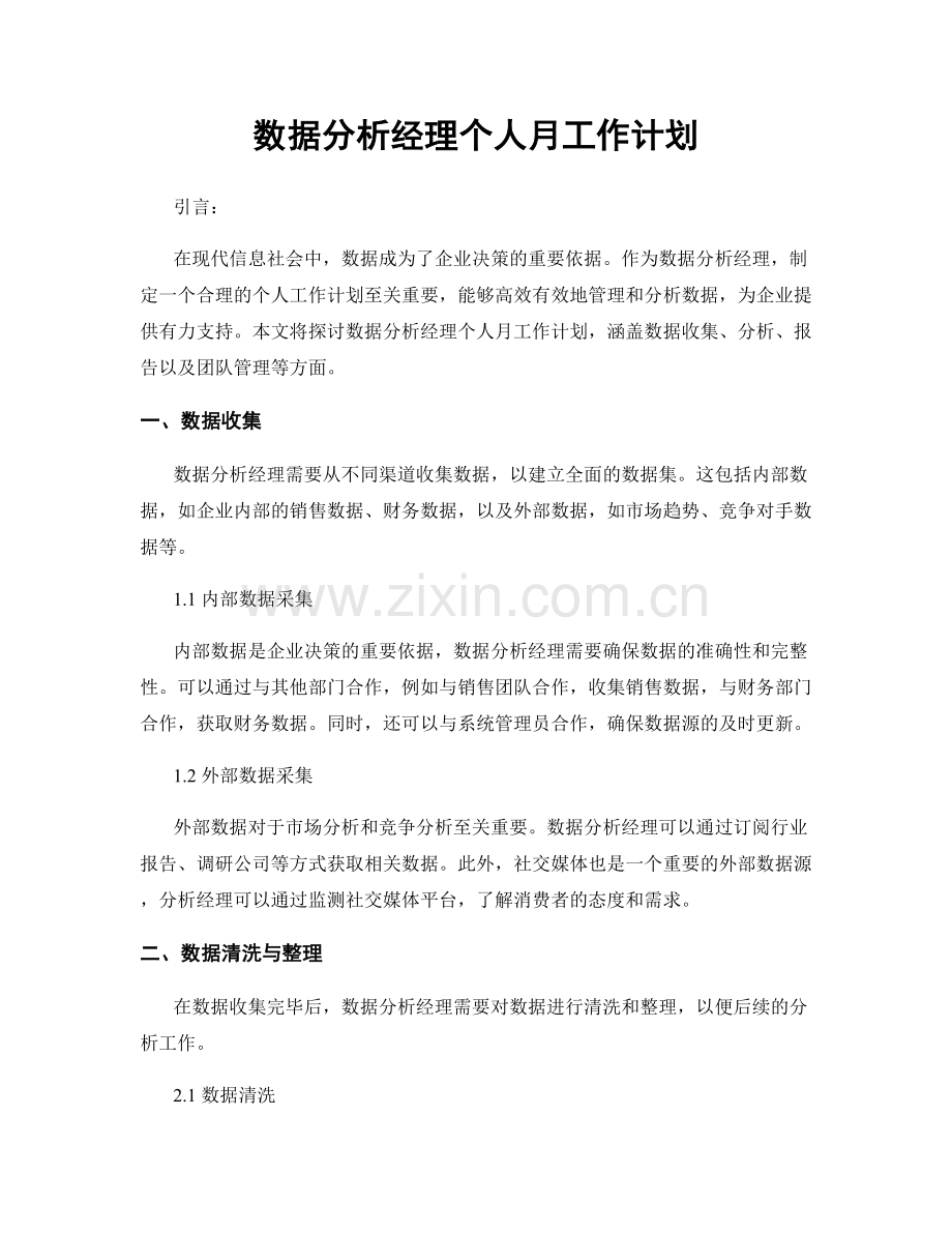 数据分析经理个人月工作计划.docx_第1页