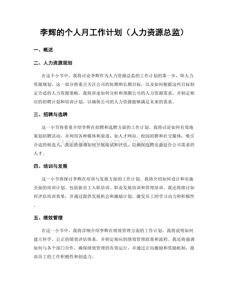 李辉的个人月工作计划（人力资源总监）.docx_第1页