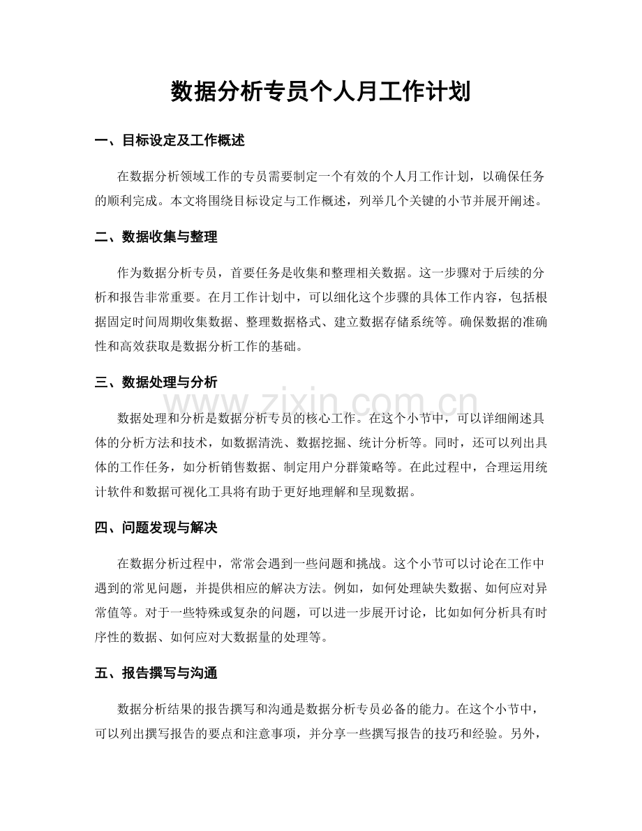 数据分析专员个人月工作计划.docx_第1页