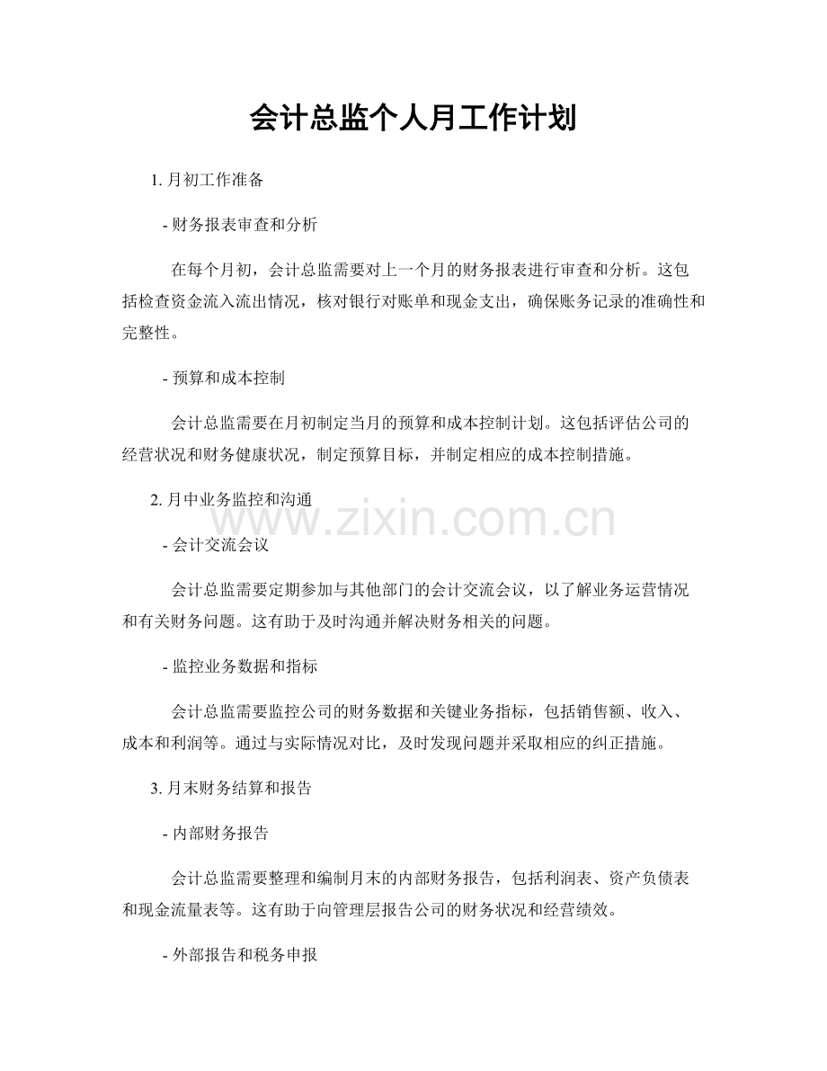 会计总监个人月工作计划.docx_第1页