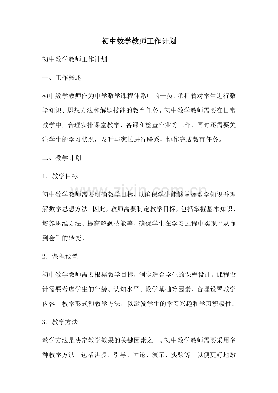 初中数学教师工作计划 (2).docx_第1页