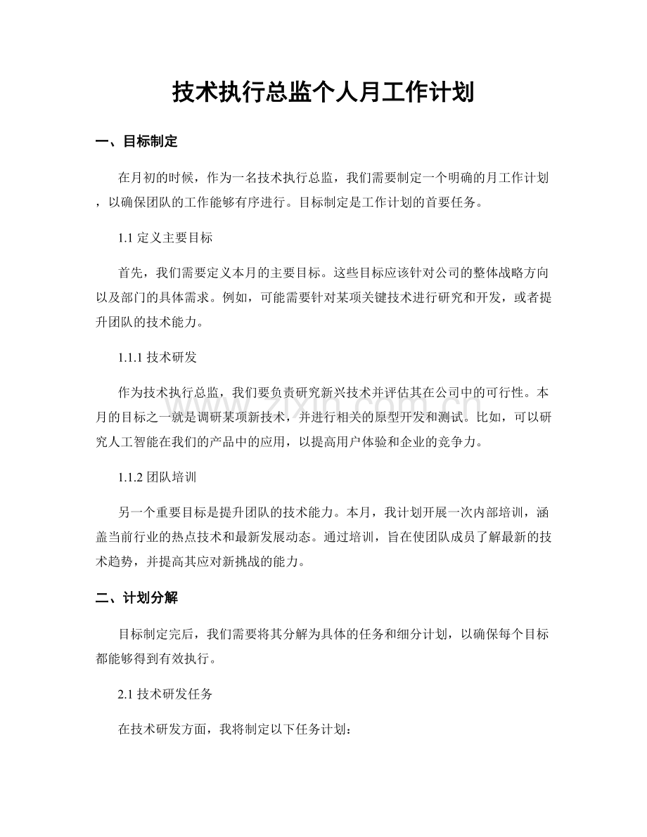 技术执行总监个人月工作计划.docx_第1页