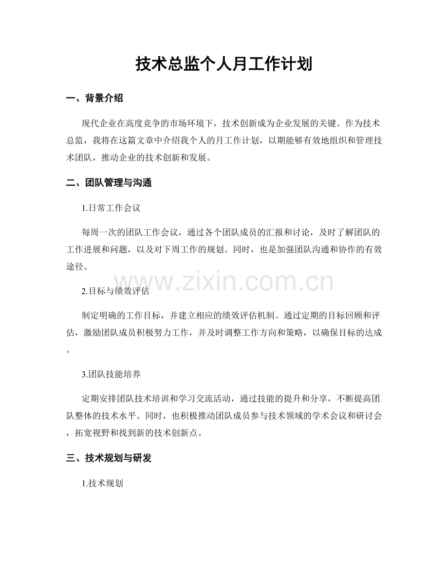 技术总监个人月工作计划.docx_第1页