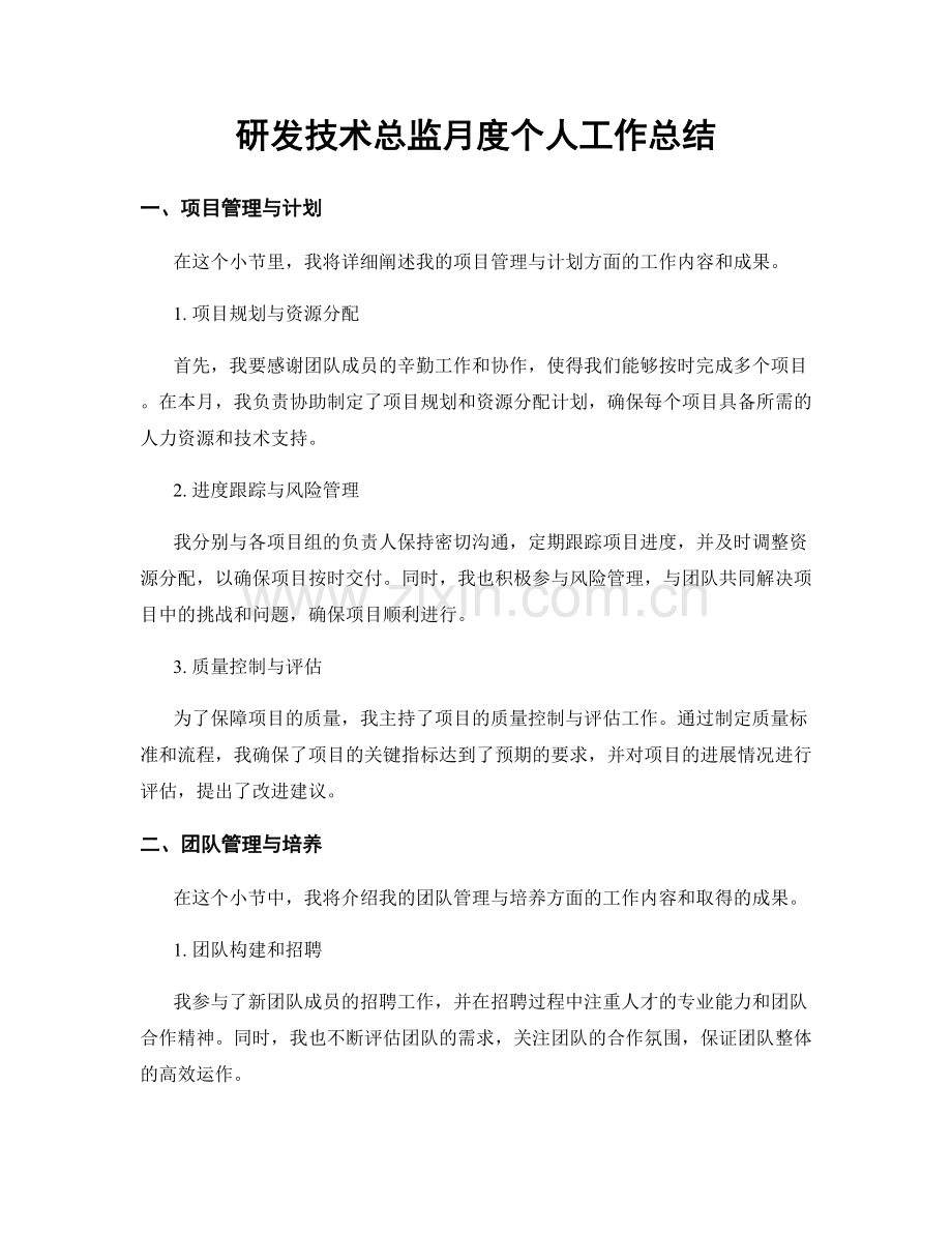 研发技术总监月度个人工作总结.docx_第1页