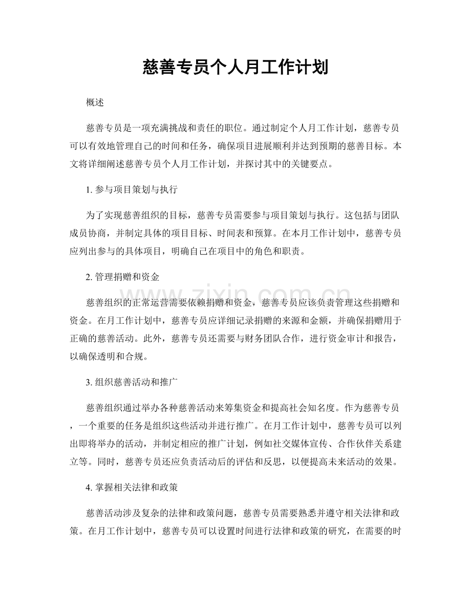 慈善专员个人月工作计划.docx_第1页