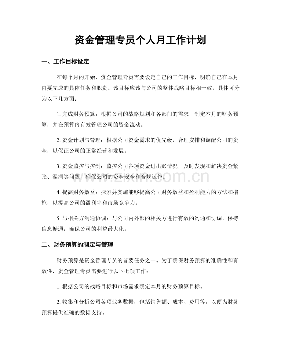 资金管理专员个人月工作计划.docx_第1页