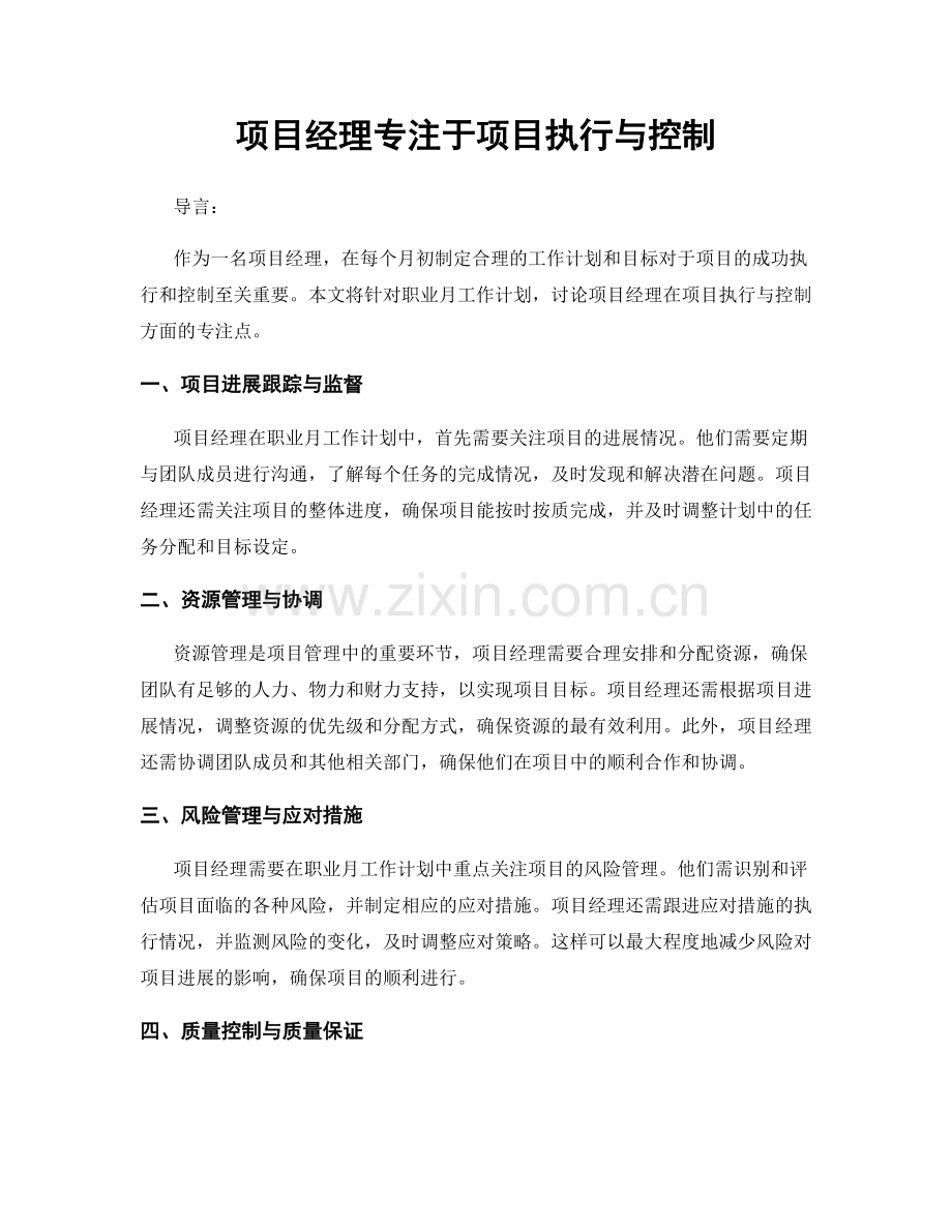 月工作计划：项目经理专注于项目执行与控制.docx_第1页