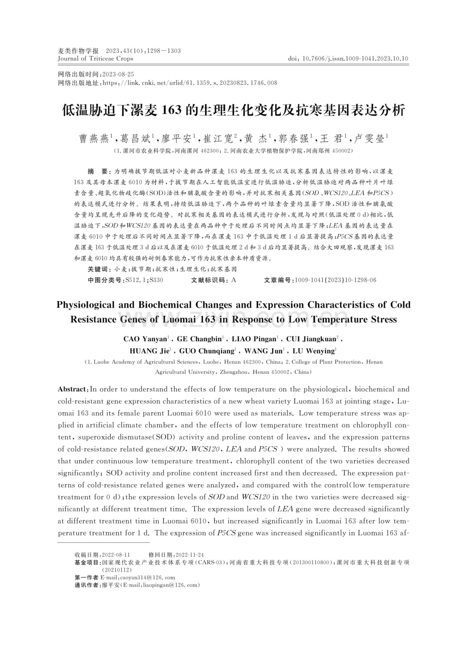 低温胁迫下漯麦163的生理生化变化及抗寒基因表达分析.pdf_第1页